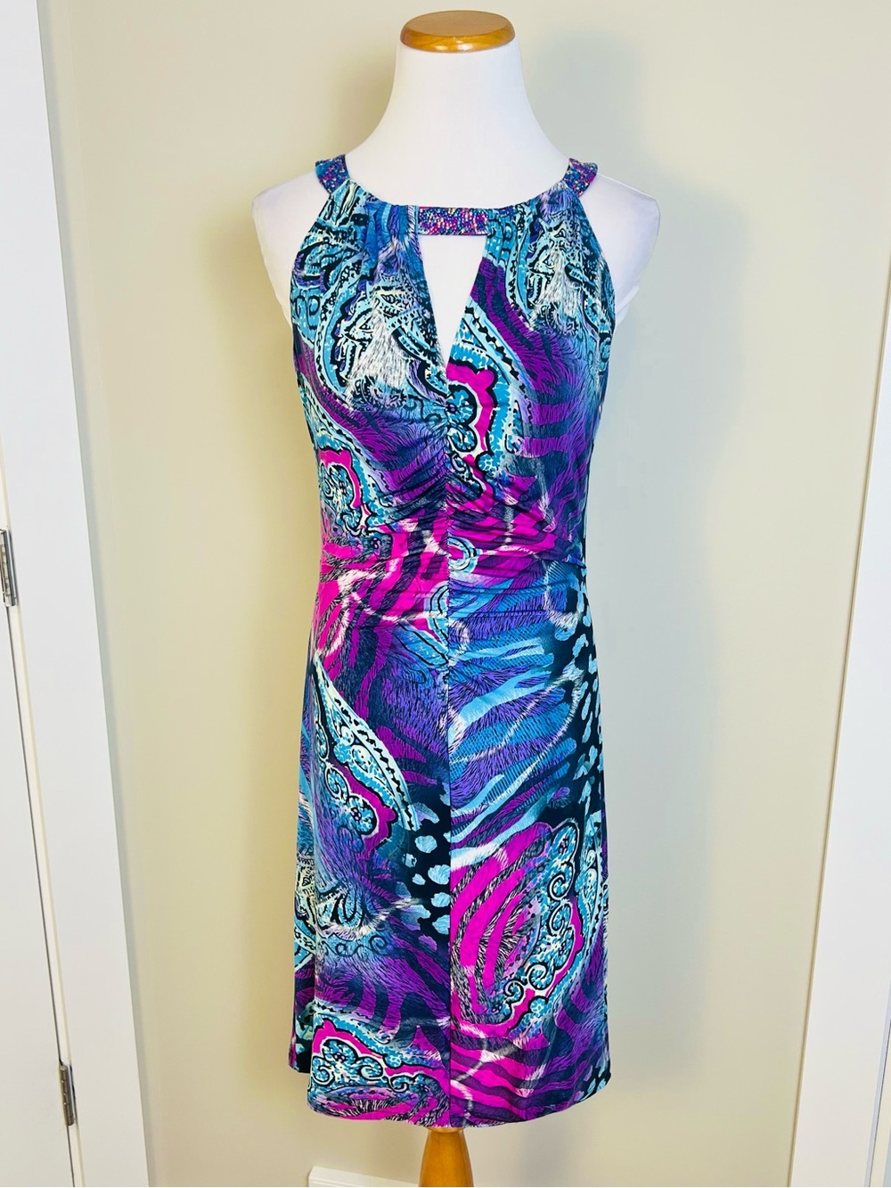 Vibrant Blue & Pink Keyhole Halter Dress